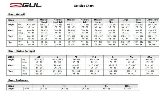 GUL herre størrelses guide